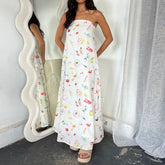 LIZAKOSHT - Beach Holiday Strapless Maxi Tube Dress Vintage Fruit Print Backless Swing Loose Dress Women Summer Boho Off Shoulder Long Dress