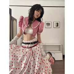 LIZAKOSHT - Y2k Red Wave Point Bubble Skirt for Women Mid-length Loose Harajuku Skirts 2025 New High Waist All-match Faldas Mujer