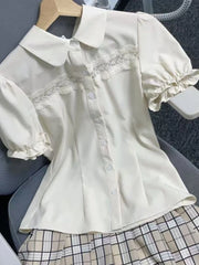 LIZAKOSHT  -  Japanese Casual Retro Slim 3-piece Set Women's Fashion Vintage Bow Puff Sleeve T-Shirts Female High-waist Plaid Short Skirt Suit