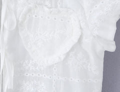 LIZAKOSHT - Sweet White Embroidery Hollow out Flower Lace Short Puff Sleeve Shirt Women Peter Pan Collar Lacing Up Tie Bow Front Crop Tops