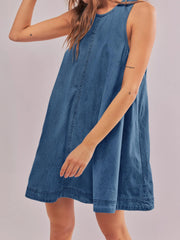 LIZAKOSHT - Spring Summer 2025 New Denim Dress Women Sundress Loose A-line Peplum Pockets Backless Casual Sleeveless Mini Dress Female 53932