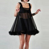 LIZAKOSHT - Sexy U Neck Mesh See-through Mini Dress Elegant Solid Sleeveless Hollow Out Lace Short Dress Hot Girl Black Cocktail Party Dress