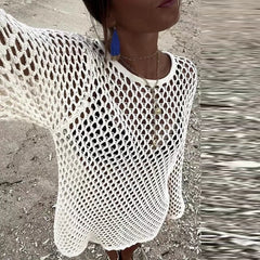 LIZAKOSHT - Seaside Hollow Out One Piece Vacation Covers Summer Solid knitted Fish Mesh Pullover Tops 2025 Long Sleeve White Full Dresses