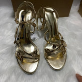 LIZAKOSHT - Luxury Gold Leafs High Heels Party Wedding Shoes for Women Sexy Ankle Strap Brand Dress Stilettos Open Toe Ladies Modern Sandals