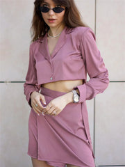 LIZAKOSHT - Satin Fashion 2 Piece-Set Mini Skirt For Women V-Neck Long Sleeve Cropped Top Outwear And Short Skirt Women's Sets Summer