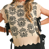LIZAKOSHT - Women s Floral Patterned Knit Vest with Scalloped Trim Crew Neck Side Tie Bow and Sleeveless Design - Stylish Sweater Top