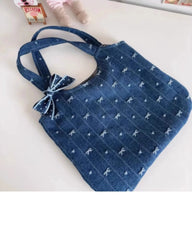 LIZAKOSHT - New Korean Style Heart-shaped Pattern Bow Jacquard Denim Bag Large Capacity Handbag Fashion Girls Small Handbags