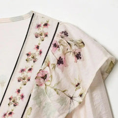 LIZAKOSHT - BOHO Light Pink Floral Print Tie Bow Sashes Wrap Shirt Short Women V neck Puff Sleeve Wood ears Waist Kimono Blouse Holiday Cape