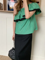 LIZAKOSHT - Gentle Stripes Women Tops Slash Neck Ruffles Chic Mujer All Match Summer OL Loose New Slim Daily Sexy Holiday