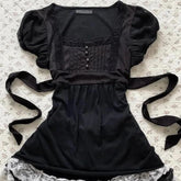 LIZAKOSHT - Gentle Sexy Dark Subculture 2000s T Shirts Summer Gothic Harajuku Aesthetic Short sleeve Femme Slim Girdling Waist Lace T Shirts