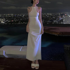 LIZAKOSHT - y2k Long Dress Women Summer Solid Color Spaghetti Strap Sleeveless Tie Up Backless Dress Sexy Club Party Dresses