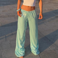 LIZAKOSHT - Fashion Sequin Wide Leg Pants Women Casual Loose Lace Up Low Waist Straight Trousers 2025 Summer Lady Vintage High Street Pants