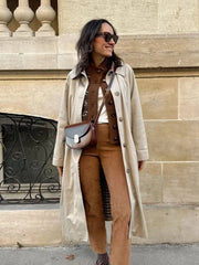 LIZAKOSHT  -  Women Solid Lapel Trench Coat Plaid Lining Single Breasted Full Sleeve Loose Coats Lady 2025 Autum Commute High Street Outwear