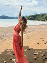 LIZAKOSHT - Sexy Pleated Deep V Halter Maxi Dress Women Elegant Backless Sleeveless Solid Long Dresses Fashion Lady Vacation Beach Vestidos