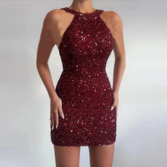 LIZAKOSHT - Sexy Off Shoulder Sleeveless Slim Mini Party Dress Ladies Elegant Sequin Shiny O Neck Dress Summer Women Fashion Bag Hip Dresses