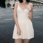 LIZAKOSHT - Sexy White Rib Knitted Cotton Low Waist Sling Dress Women Bow V neck Ruched A-lined Swing Short Dresses Summer Vestidos Robe