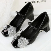 LIZAKOSHT - Luxury Rhinestone Bow Chunky Root Mary Jane Shoes Women Fashion Bow Buckle Pumps Summer Slingback Slide Sandals Zapatos De Mujer