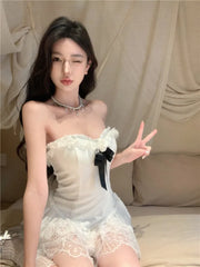 LIZAKOSHT - Y2k Lace Strapless Bow Dress for Women 2025 Summer New Slim Fit Cake Dresses Y2k Slim Waist A-line White Vestido Feminino