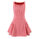 LIZAKOSHT - Sexy Red Gingham Plaid Mini Sleeveless Dress Women Bow O Neck Zipper Back Low Waist Ruched Hem Swing Tank Dresses Vestidos Black