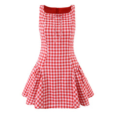 LIZAKOSHT - Sexy Red Gingham Plaid Mini Sleeveless Dress Women Bow O Neck Zipper Back Low Waist Ruched Hem Swing Tank Dresses Vestidos Black