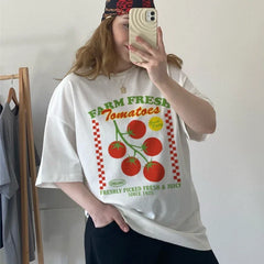 LIZAKOSHT - Farm Fresh Tomatoes Graphic Tops Summer Loose Fashion Women Tees Retro Style Fruit Vegetable T-Shirt Aesthetic Garden Shirt Y2k