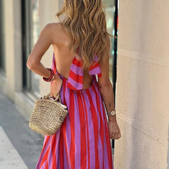 LIZAKOSHT - Women Sexy Halter Off Shoulder Striped Dress Beach Elegant Sleeveless Backless Long Dress Summer Swing Big Hem A-Line Maxi Dress