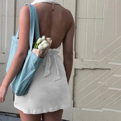 LIZAKOSHT - Spring/Summer Women's Flip Neck Skirt Set with Open Back Tie Up Top Split Short Skirt Fashion Casual Two Piece Set