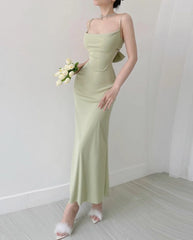 LIZAKOSHT - Women Sexy Slash Collar Tide Bow Back Backless Rib Sling Dress A-lined Swing Midi Long Night Out Party Robe Summer