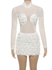 LIZAKOSHT - Flower Folds Decorated 2 Piece Set Women o-Neck Mesh Patchwork Full Sleeve Skinny Bodysuits+Mini Skirts Matching Suits