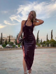 LIZAKOSHT  -  Halter Sequin Dress Party Dresses Sexy Backless Slim Fit Fashion Elegant Hanging Neck Women Beach Dress Socialite Evening Robes