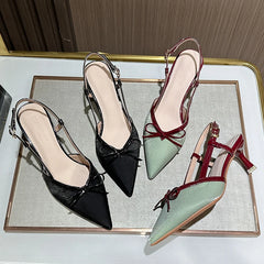 LIZAKOSHT - Bow Pointed Head Thin Heel High Heel Single Shoes Women's Word with Temperament Bag Head Sandals Sexy High Heels Summer