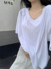 LIZAKOSHT - White Loose T-Shirts Fashion Women V-Neck Casual Summer 2024 Mujer Office Lady New Daily Chic High Street Tees