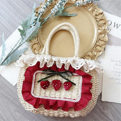 LIZAKOSHT - Spring Summer Lolita Strawberry Bow Basket Straw Handbag Girl Kawaii Picnic Photo Outdoor Bag Props D1090