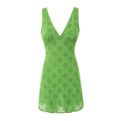 LIZAKOSHT - 2024 Women Green Floral Embroidery Tank Summer Dresses Sexy Sleeveless V Neck A-line Short Dress