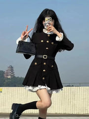 LIZAKOSHT - French Fashion Mini Dress Women Small Fragrance Long Sleeve Button Patchwork Suit Dresses Sweet Belt Slim O Neck Chic Vestidos