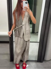 LIZAKOSHT - Casual Tie-dyed Lace Up Women Tank V-neck Sleeveless Single Button Loose Female Vest 2024 Spring Summer New Fashion Lady Tops