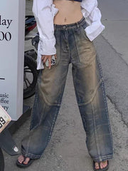 LIZAKOSHT  -  Washed Patchwork High Waist Jeans for Women American Vintage Distressed Straight Jeans Hip Hop High Street Wide Leg Trousers