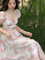 LIZAKOSHT  -  Pink Floral Midi Dress Women French Elegant Dress Even Party Office Lady Boho Beach Style Dress Korean Vintage Summer Chic