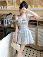 LIZAKOSHT - Summer Sweet Dopamine Slim Plaid Dress Women Fashion Design Square Neck Short Sleeve Dresses Elegant Bow Pretty Flower Bud Dress