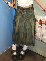 LIZAKOSHT - Women 2000s Harajuku Fashion Jean Midi Skirt Denim Pleated A-line Skirts Dark Academia Y2k Preppy Japanese Grunge Gyaru New