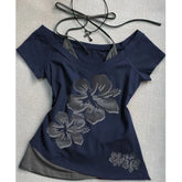 LIZAKOSHT - American Retro Short Sleeved Tees Women Y2K Patchwork Harajuku Lace Up Tops Mujer Summer New Slim Fit High Street Pullover