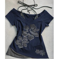 LIZAKOSHT - American Retro Short Sleeved Tees Women Y2K Patchwork Harajuku Lace Up Tops Mujer Summer New Slim Fit High Street Pullover