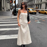 LIZAKOSHT - Spring and Summer Commuting Khaki Cotton and Linen Suspender Dress Women's Fashion Loose A-shaped Long Dress