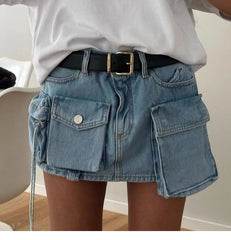 LIZAKOSHT - Casual Washed Cotton Denim Mini Skirts for Women High Street Big Pocket Slim Fit Short Skirt Summer Beach Casual Faldas