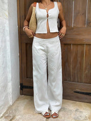 LIZAKOSHT - Hollow-Out Embroidered Textured White Women's Suit Trousers
