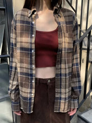 LIZAKOSHT - Casual Women Single-breasted Loose Shirts Summer Vintage Polo Neck Long Sleeves Plaid Printed Shirts Female Chic Tops