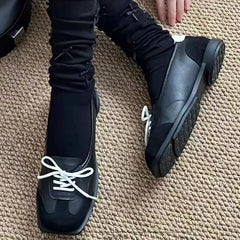 LIZAKOSHT - Novelty Lace Up Ballet Sneaker Flats Women Square Toe Splicing Design British Style Mary Jane Shoes Cozy Non-Slip Designer Pumps