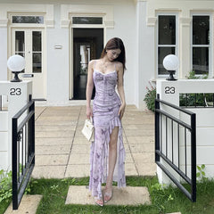 LIZAKOSHT - Printed Camisole Dress for Women Resort-style Butterfly Print Dress with Ruffled Hem
