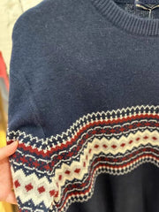 LIZAKOSHT - Women Geometric Jacquard Sweater Autumn Round Neck Long Sleeve Navy American Vintage Pullover Casual Streetwear Y2k Jumper Tops