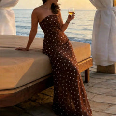 LIZAKOSHT - Fashion Polka Dot Strapless Slim Beach Dress Sexy Sleeveless Backless Women Long Dress Elegant Temperament Waist Vacation Dress
